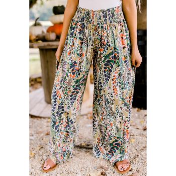 Azura Exchange Floral Print Shirred High Waist Wide Leg Pants - L