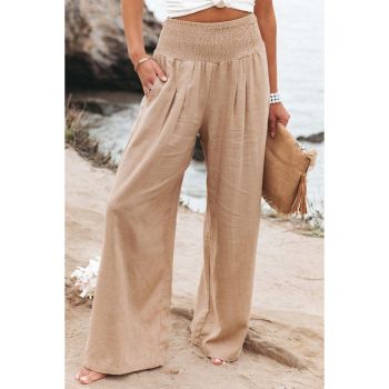 Azura Exchange Smocked High Waist Wide Leg Pants in Khaki - L