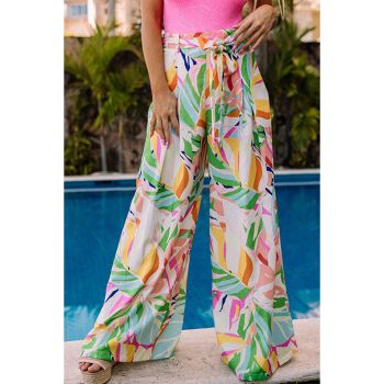 Azura Exchange Tropical Leafy Print Wide Leg Pants with Belt - XL