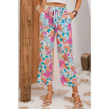 Azura Exchange Flower Print Pocketed Drawstring Waist Wide Leg Pants - L