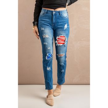 Azura Exchange Stripes and Stars Patches Ripped Jeans - L