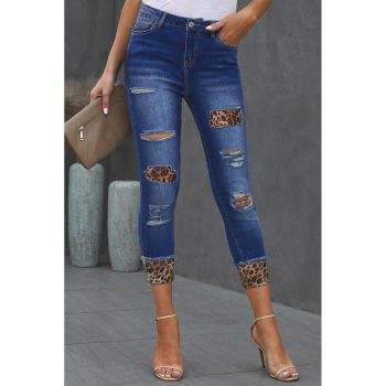 Azura Exchange Leopard Patches Distressed Skinny Jeans - L