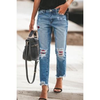 Azura Exchange Patchwork Frayed Hem Ripped Jeans - S