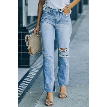 Azura Exchange Ripped High Waist Straight Leg Jeans with Side Splits - 10 US