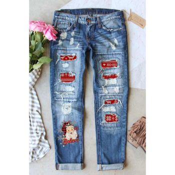 Azura Exchange Distressed Boyfriend Jeans with Santa Claus Pattern - M