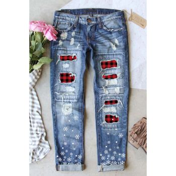 Azura Exchange Plaid Patch Snowflake Distressed Straight Jeans - M