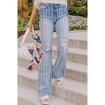 Azura Exchange Vertical Striped Ripped Flare Jeans - 10 US