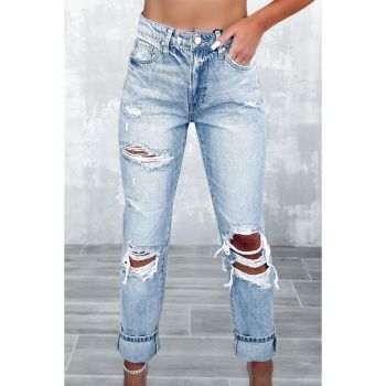 Azura Exchange Frayed Sky Blue Slim Fit High Waist Jeans - 6 US