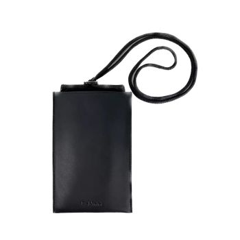 Black Calfskin Leather Cell Phone Holder with Adjustable Cord and Card Holder One Size Men