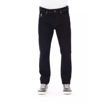 Logo Button Regular Man Jeans with Tricolor Insert and Contrast Stitching W36 US Men