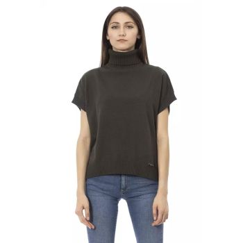 Ribbed Turtleneck Sweater with Short Sleeves and Monogram Detail L Women