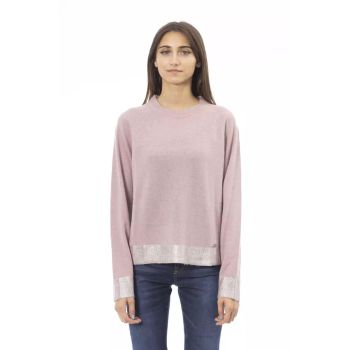 Ribbed Crew Neck Sweater with Long Sleeves and Metal Monogram Detail L Women