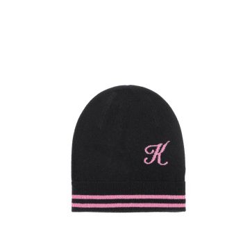 Monogrammed Cashmere Beanie with Contrasting Letter Stripe - One Size