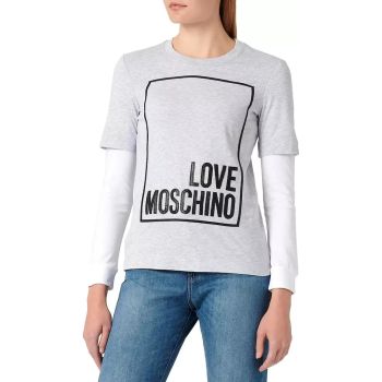 Grey Melange Long-Sleeved Cotton T-Shirt with Eco-Leather Logo M Women