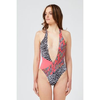 Patterned Body Swimsuit with Wide Neckline M Women