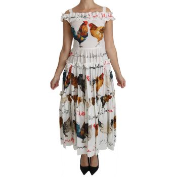 100% Authentic Dolce & Gabbana Sheath Midi Dress with Rooster Print 42 IT Women