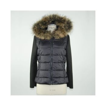 Black Fur-Trimmed Down Jacket 46 IT Women