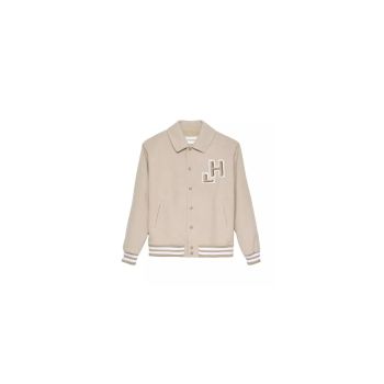 Hazelnut Beige Collegial Bomber Jacket with Embossed Logo L Women