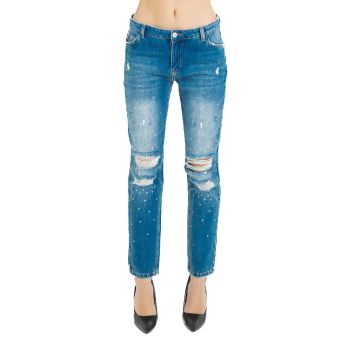 High Waist Straight Leg Jeans with Applications and Front Breaks W28 US Women