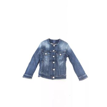 Round Neckline Denim Jacket with Metal Buttons and Contrast Stitching L Women