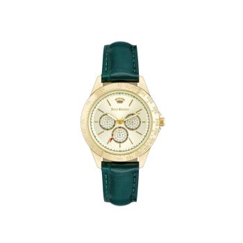 Gold Fashion Analog Watch with Rhine Stone Facing and Green Leatherette Strap One Size Women