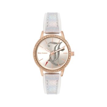 Rose Gold Analog Womens Fashion Watch with Rhinestone Detail and White Leatherette Strap One Size Women