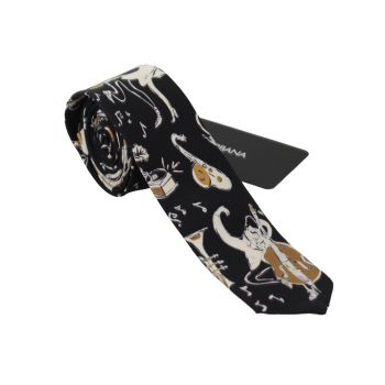 Authentic Dolce & Gabbana Silk Neck Tie - Black Gold Music Instrument Print One Size Men