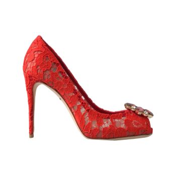 Dolce & Gabbana Women's Red Taormina Lace Crystal Heels Pumps Shoes - 36.5 EU