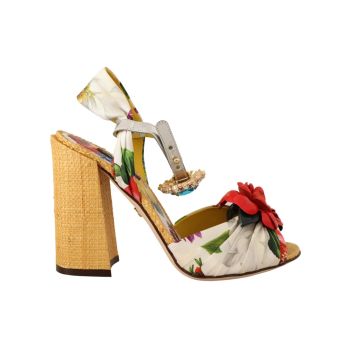 Dolce & Gabbana Block High Heel Sandals with Crystal Embellishments and Floral Appliques 38 EU Women