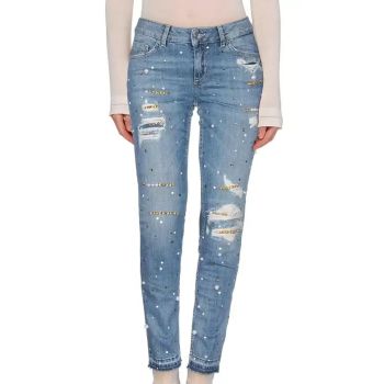 Denim Jeans with Beaded Front and Worn Effect W28 US Women