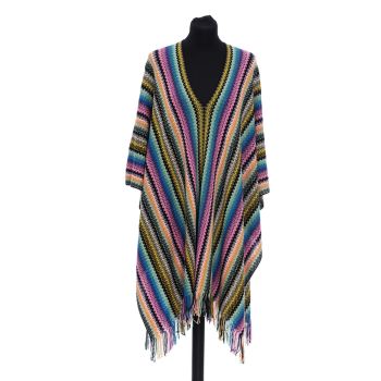 Fringed Poncho with Geometric Fantasy Design One Size Women