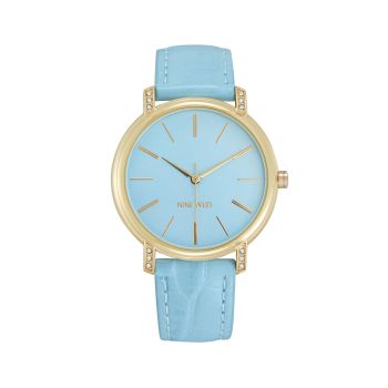 Gold Rhinestone Fashion Watch with Blue Leatherette Strap One Size Women