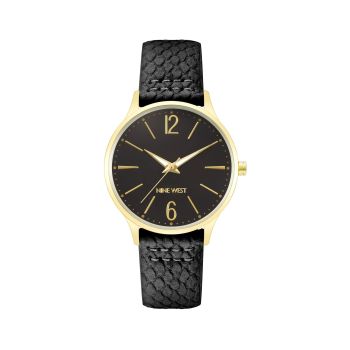 Black Stainless Steel Analog Quartz Watch with Leatherette Strap One Size Women