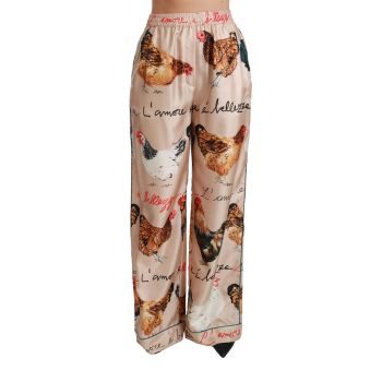 Gorgeous Dolce & Gabbana Silk Pants with Hen Chicken Print 42 IT Women