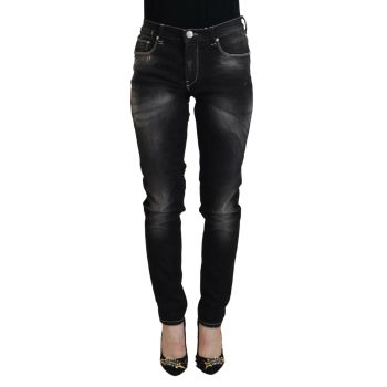 Tapered Mid Waist Black Washed Denim Jeans with Logo Details W26 US Women