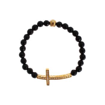 NIALAYA Gold Plated Sterling Silver Bracelet with Agate Stone and CZ Diamond Cross XS Women