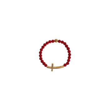 Authentic NIALAYA Gold Plated Silver Bracelet with Red Coral Beads and CZ Diamond Cross XS Women