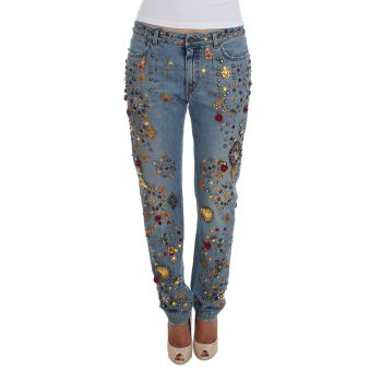 Blue Wash Crystal Heart Roses Embellished Enchanted Sicily Boyfriend Fit Jeans 36 IT Women