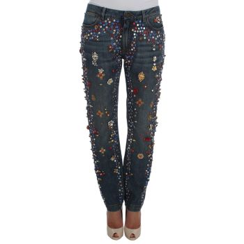 Blue Wash Crystal Heart Roses Embellished Enchanted Sicily Boyfriend Jeans 38 IT Women