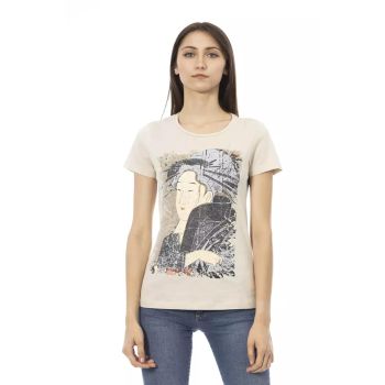 Round Neck Short Sleeve T-shirt with Front Print L Women