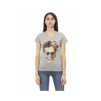 Trussardi Action Women's Elegant Gray V-Neck Tee with Front Print - S