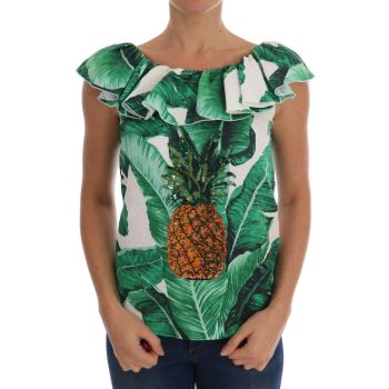 Cap Sleeve Blouse Top with Ruffled Neckline and Sequined Pineapple Embroidery 36 IT Women