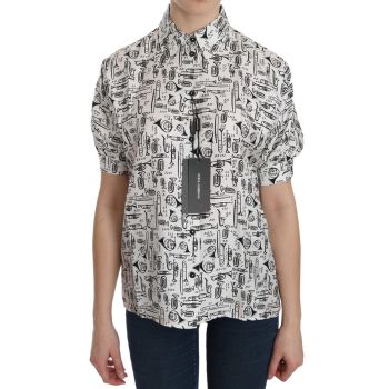 Musical Instrument Print Silk Collared Top 36 IT Women