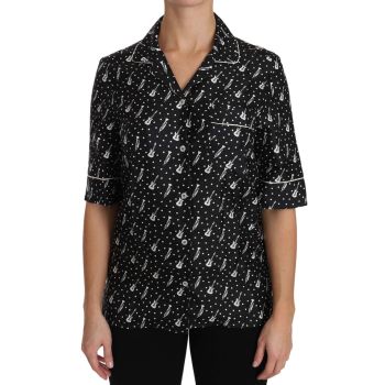 Guitar & Trumpet Print Silk Polo Tops 38 IT Women