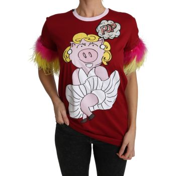 New Dolce & Gabbana Short Sleeves Crew Neck T-shirt with Pig Print Embroidery 36 IT Women