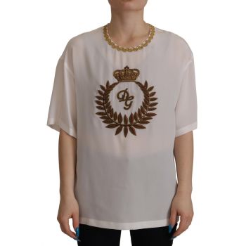 Gorgeous Dolce & Gabbana Silk T-Shirt with Gold DG Crown Logo Embroidery 38 IT Women