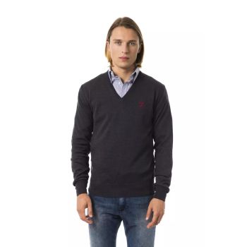 Embroidered V-neck Sweater in Extrafine Wool Merinos Fabric S Men