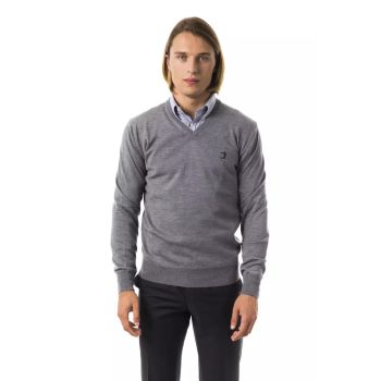 Embroidered V-neck Sweater in Extrafine Wool Merinos XL Men