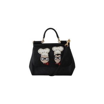 Dolce & Gabbana Black Leather Sicily Handbag with #dgfamily Patch One Size Women