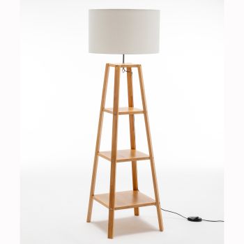 Eiffel 3 Tier Natural Wood Floor Lamp w/ Storage Shelves + Off White Linen Shade